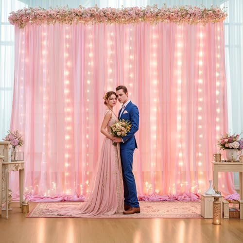 10ft x 10ft Baby Pink Backdrop Curtain with Lights String for Parties,2 Panels Sheer Tulle Curtain Wedding Photo Backdrop with Lights for Baby Shower Birthday Party Ceremony Home Decorations