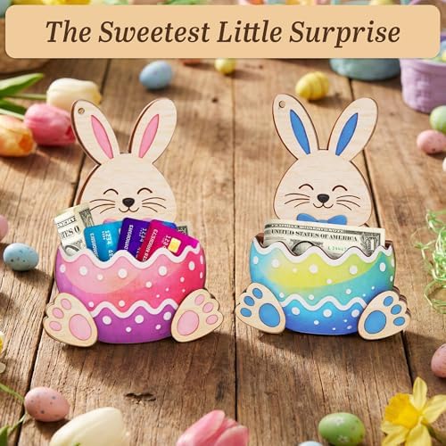 KATINAT Easter Bunny Money Holder for Cash & Cards, Bunny Holding Easter Egg Wooden Cash Holder, Easter Basket Stuffer for Teens, Kids, Teen Girls & Boys, Pink Bunny Money Holder