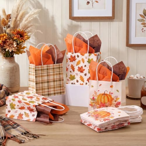 Silkfly 24 Pack Mini Pumpkin Gift Bag Bulk with Handle Tissue Paper 5x5x3''