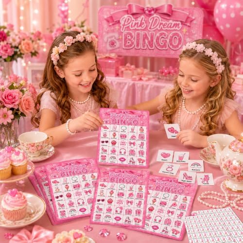 Pink Dream Glitter Bingo Game Cards, 24 Player Party Game for Girls