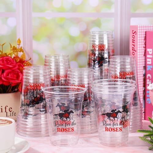 Whaline 50 Pcs 12 Oz Derby Disposable Cup Run for Roses Plastic Party Cup Clear Glasses for Coffee Juice Drink Decorations Party Supplies