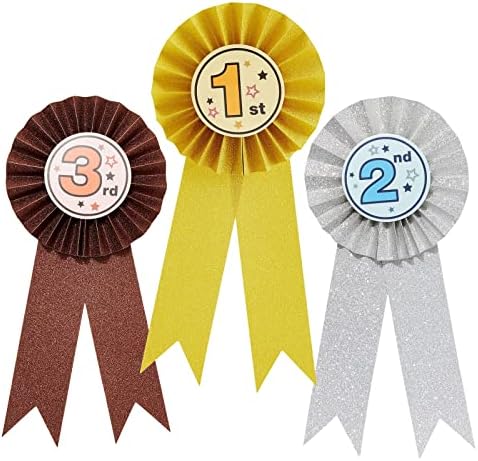 Juvale First Place Ribbons - 3.25-in Dia x 7.5-in, Gold, Silver & Bronze, Modern, 24-Pack - Peel & Stick Adhesive Polypropylene Rosettes - Field Day & Student Achievement Awards