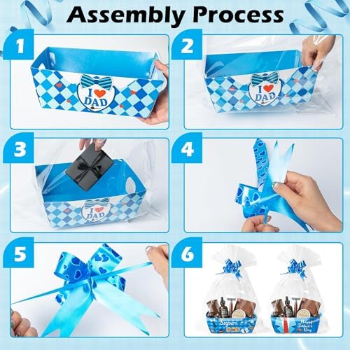 OSNIE Dad Empty Gift Baskets for Father's Day - 24 Sets Happy Father’s Day Blue Basket Bulkor Gifts Empty with Cellophane Basket Bags Ribbons Bows, Dad Theme Party Favors for Anniversary Birthday