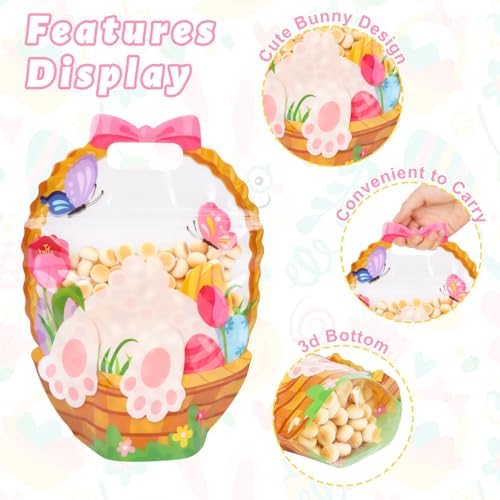 CCINEE 60 Packs Easter Treat Bags Bulk, Easter Gifts Bags with Handle Sealing Bunny Goodie Cellophane Ziplock Bag Bulk for Classroom School Party Favors Gift Exchange