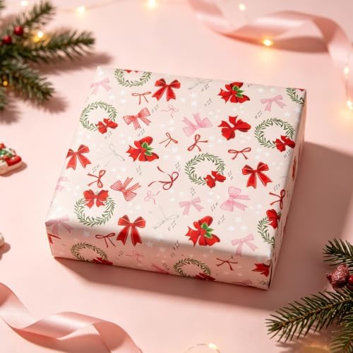 Cuitpan Pink Christmas Bow Wrapping Paper - 4 Jumbo Sheets, 28 * 40 Inches - Xmas Gift Wrap with Festive Ribbon Bow & Mini Wreath Pattern, Cute Holiday Gift for Women, Girls & Children
