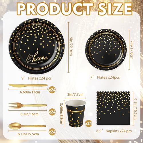 168Pcs Black and Gold Paper Plates and Napkins Party Supplies for 24 Guest