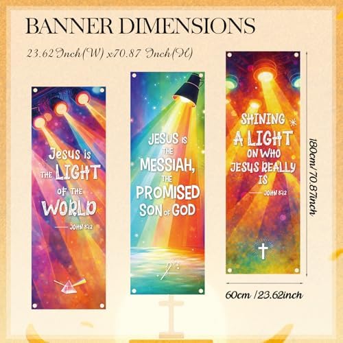Moukeren 3 Pcs 4 Pcs Church Banners with Scripture Religious Worship Banner Christian Porch Sign Jesus Hanging Backdrops for Spring Summer Indoor Outdoor Sanctuary Wall Decor (Illumination)
