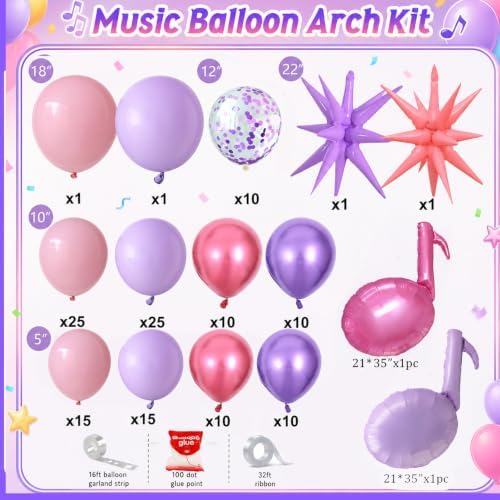 K POP Music Birthday Decorations, 162Pcs Pink Purple Balloon Garland Arch Kit with Music Note, Disco Ball, Checkered Heart, Lightning and Star Foil Balloons for Movie Singer Theme Party
