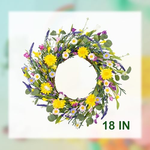 J'FLORU Artificial Spring Wreath Summer Wreaths for Front Door Floral Wreath with Daisy and Lavender for Indoor Outdoor Easter Celebration (18 Inch)