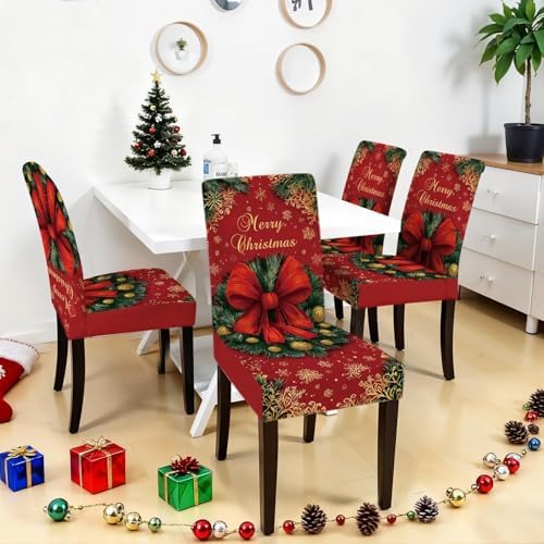 Christmas Chair Covers Set of 4, Red Bow and Wreath Dining Chair Slipcovers with Pinecones and Snowflakes, Stretchable Holiday Chair Protectors