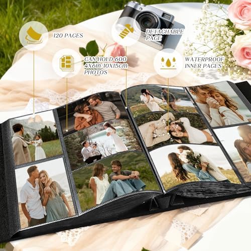 Lanpn Couple Photo Album 4x6 600 Pockets - The Story of Us, Linen Large Wedding Anniversary Picture Albums Book Horizontal Vertical Photo for Newlywed Engagement Love Stories Valentine's Day (Grey)