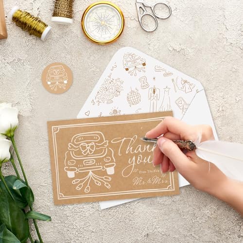 Whaline 24 Pack Wedding Kraft Thank You Cards The New Mr & Mrs Car Cake Thank You Blank Note Card Greeting Cards with Envelope Sticker for Bridal Shower