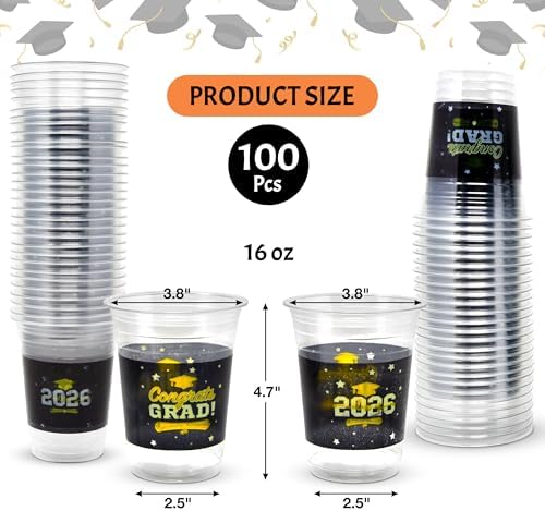 Gift Boutique Class of 2026 Graduation Plastic Cups 100 Pack Black 16 oz Disposable Drink Cups for Grad Party Supplies Beverages Events Celebration Tableware Decorations