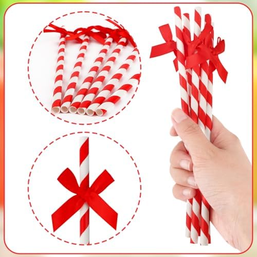 24 Packs Red Bow Biodegradable Striped Paper Straws, Red and White Disposable Drinking Straws for Birthday Carnival Summer Pool Party Wedding Baby Shower Halloween Christmas Party Decoration Supplie
