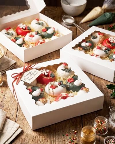 qiqee Auto-pop Up 30pcs Pie Box With Window 9x9x2.5 Inch Donut Pastry Boxes White Bakery Box