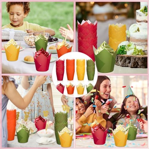Whaline 200Pcs Fall Tulip Cupcake Liners Autumn Greaseproof Paper Baking Cups Red Orange Yellow Green Muffin Cupcake Wrappers for Thanksgiving Wedding Birthday