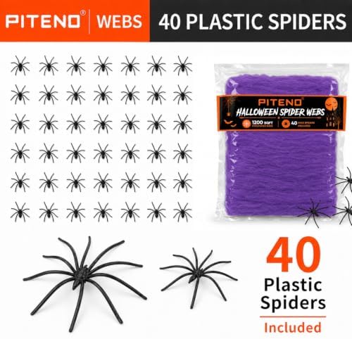 Piteno® 1200 sqft Spider Webs Halloween Decorations with 40 Fake Spiders, Stretchable Halloween Spider Webs for Indoor Outdoor Haunted House Yard Porch Party Decor (Purple)