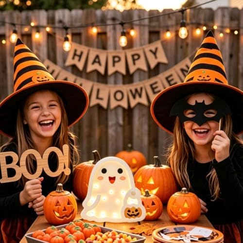 FOIMAS Halloween Wooden Table Sign, 7.8" Light Up Ghost Tabletop Decoration for Desk Tabletop Halloween Party Home Bedroom Office Gifts Trick or Treat