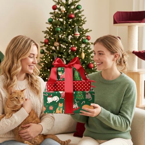 LaRibbons Reversible Cat Christmas Wrapping Paper Roll Pet 17 In x 33 Ft