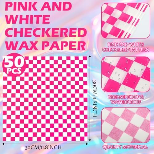 Geosar 100 Pcs Gingham Paper Food Tray with Wax Paper,Laser Fuchsia
