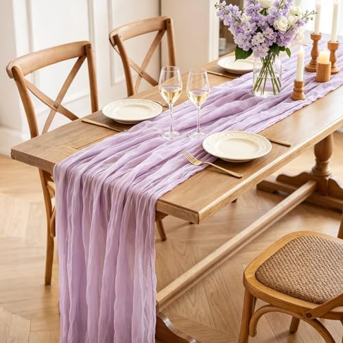 Purple Table Runner, 10FT Boho Lavender Lilac Cheesecloth Table Runner for Romantic Wedding Butterfly Birthday Baby Shower Bridal Shower Party Decorations