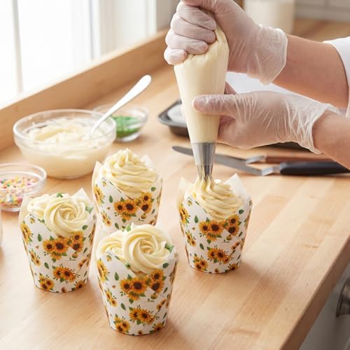Maxdot 200 Pcs Sunflower Tulip Cupcake Liners for Baking Sunflower Paper Muffin Baking Cups Flower Tulip Muffin Liners Wrappers for Thanksgiving Baby Shower Wedding Birthday Party Decor