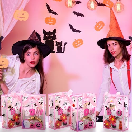Capoda 24 Pcs Boo Pink Gift Bags Plastic Die Cut Handles with Ribbon