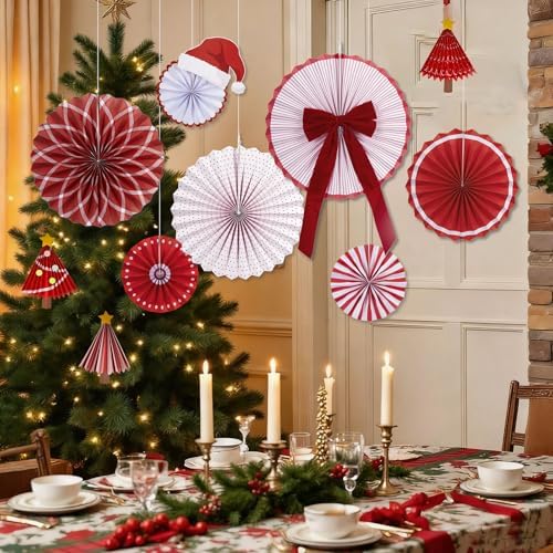 Christmas Paper Fan Decorations Christmas Decorations Classroom Red Hanging Paper Fans 10PCS with Santa Hat Gold Stars for Xmas Winter New Year Wall Ceiling Party Holiday
