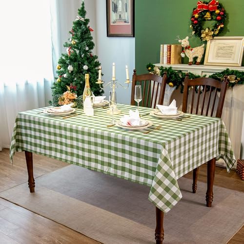 Green and White Gingham Tablecloth, Spring Plaid Waterproof Table Cover for St Patrick's Day, Indoor Dining, Kitchen Table, Garden Picnic, Washable Rectangle Tablecloth, W60 x L60 in