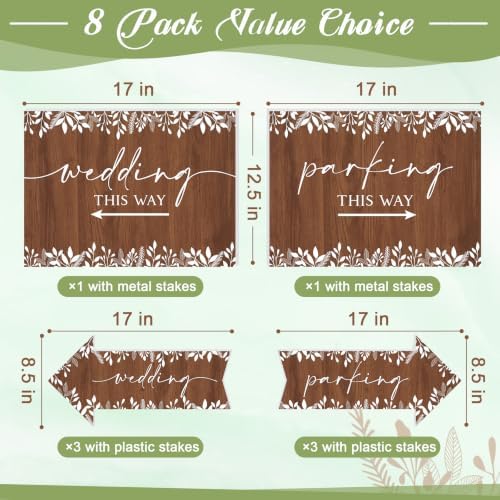 8 Pcs 17 × 8.5" Wedding This Way Directional Parking Signs Road with Stakes Large Double Sided Direction Printed Ceremony Reception Lawn Yard Arrow Sign Exquisite Plastic Rainproof (Rustic)