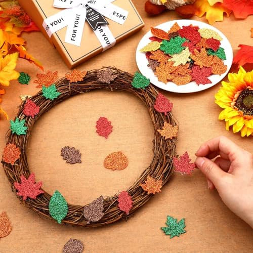 JULBEAR 300Pcs Fall Leaf Foam Stickers, Glitter Maple Leaves Decals