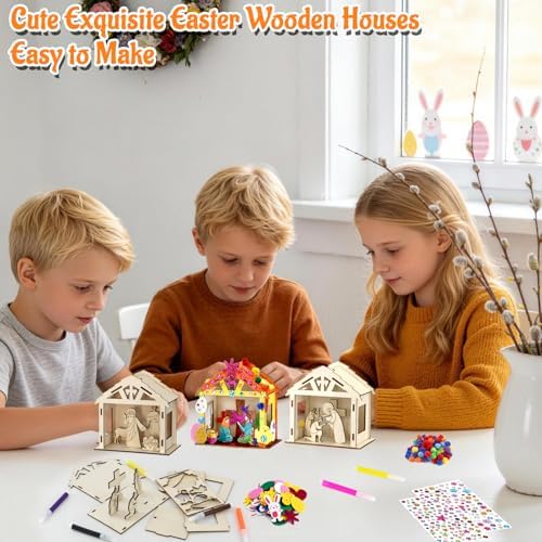 8Pcs Christian Easter Crafts Wooden House for Boy Girl & Adult, Religious Easter Activities DIY Kit with Jesus He Is Risen Egg Bunny, Spring Bible Art Gift for Basket Stuffers Party Favors Decor Bulk
