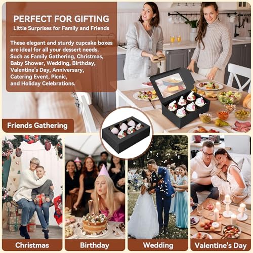 30-Set Cupcake Boxes Bulk with Clear Display Window Hold 6 Standard Cupcakes, Disposable Food Grade Black Cupcake Carrier Cupcake Container, Perfect for Cupcakes Muffins Cookies Pastries