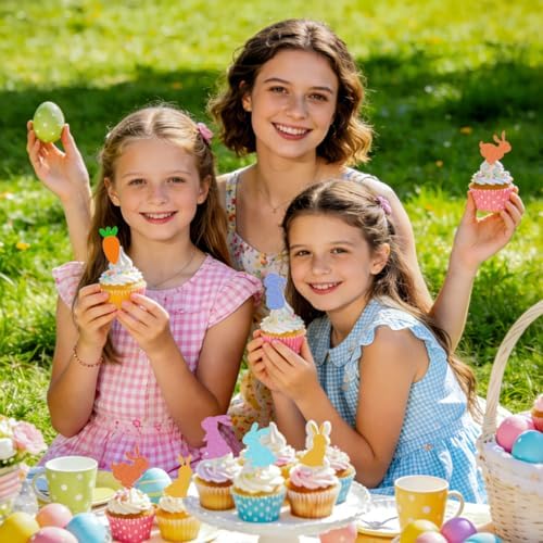 24Pcs Easter Cupcake Toppers, Glitter Bunny Carrot Cupcake Decorations