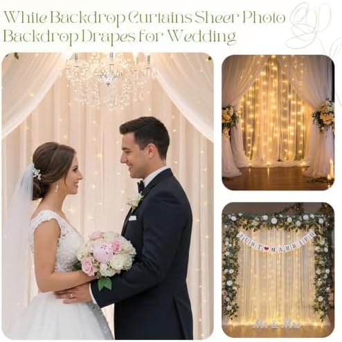 5 Pcs Just Married Decorations Kit, All-in-one Wedding Decor with 10.5 x 8.2ft White Tulle Backdrop with Lights, Mr and Mrs Sign, 2 Flower Garlands, Wedding Banner for Reception, Party