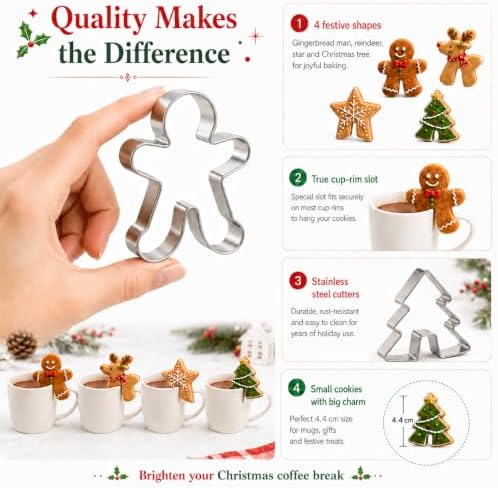 Crethinkaty 4 Pcs Christmas Stainless Steel Hanging Cup Cookie Cutter Over the Edge Mug Rim Biscuit Mould DIY Cake Decoration