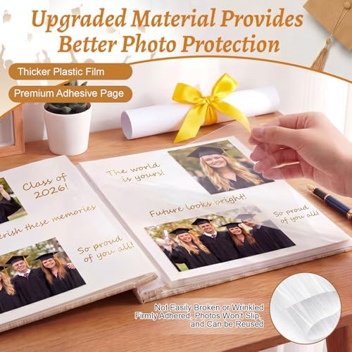Fumete Khaki Class of 2026 Graduation Album Self Adhesive Photo Scrapbook 40 Pages 11.5 x 10.5 Inch Linen Memory Book with Cover Display Window DIY Album for School College Graduate Party Gift