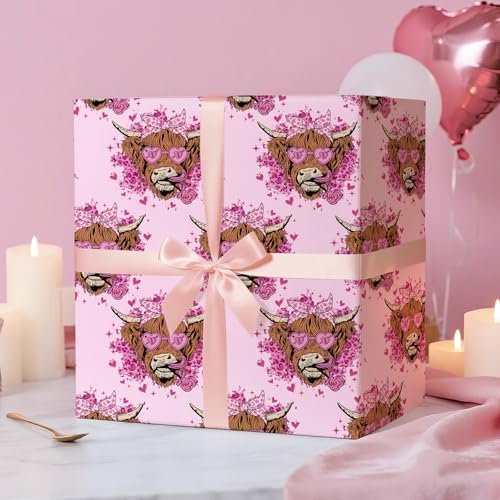 RUSPEPA Highland Cow Wrapping Paper Roll, Mini Roll, Floral Highland Cow with Heart Sunglasses Design, Pink Fun Gift Wrap for Kids, Girls, Valentine’s Day, Anniversary, Birthday, 17 Inches x 16.4 Feet