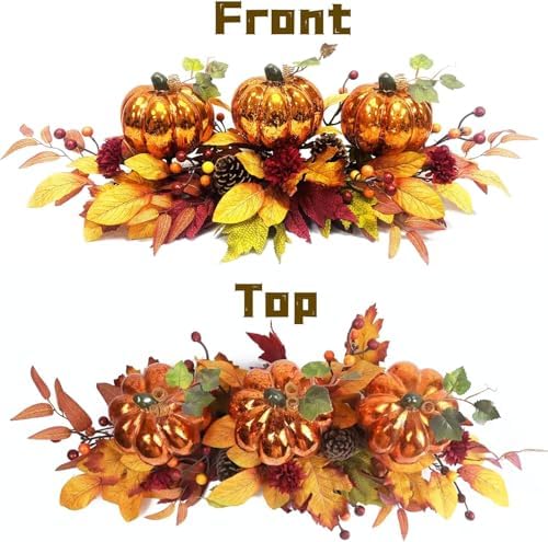 LED Lighted Pumpkin Fall Centerpiece with Maple Leaves, Berries & Pinecones - Battery Operated Thanksgiving Table Decor for Home, Mantel, or Dining