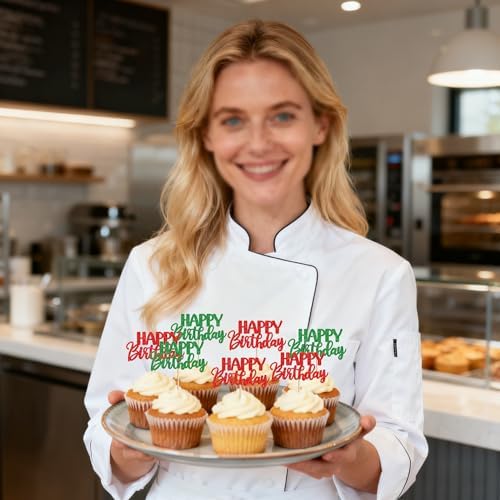 30 PCS Happy Birthday Cupcake Toppers Glitter Happy Birthday Cupcake Picks for Celebrating Anniversary Theme Christmas Party Cake Decorations Supplies Red Green