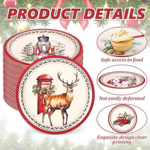 Whaline Christmas Paper Plates Snowman Nutcracker Cardinal Disposable Plates 6 Designs Retro Dinnerware Plates 9 Inch for Xmas Winter Party Supplies Table Decor, 24 Pcs