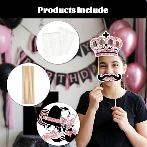 28 Pcs Photo Booth Props for Birthday, Weddings,Mardi Gras,Family Reunion,New Year,Valentines Day,Easter Decor Funny Selfie Props Masquerade Party Decorations (Rose Gold and Black)