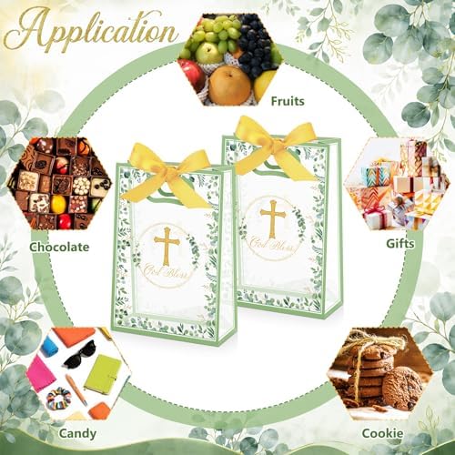 Capoda 24 Pack Baptism Gift Bags with Handles, 10 x 7 x 3 Inch Clear Plastic God Bless Favor Bags, Eucalyptus Cross Religious Party Favors for First Communion, Christening, Confirmation