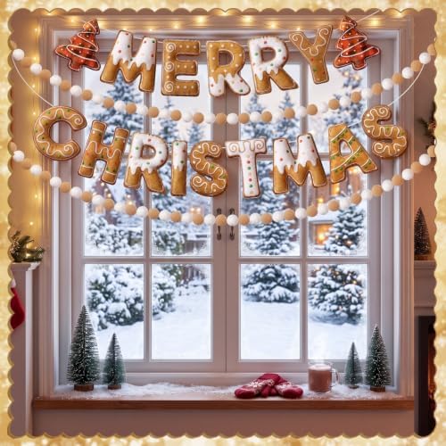 Mindsoft 4pcs Felt Merry Christmas Banner, Gingerbread Man Pom Pom Garland