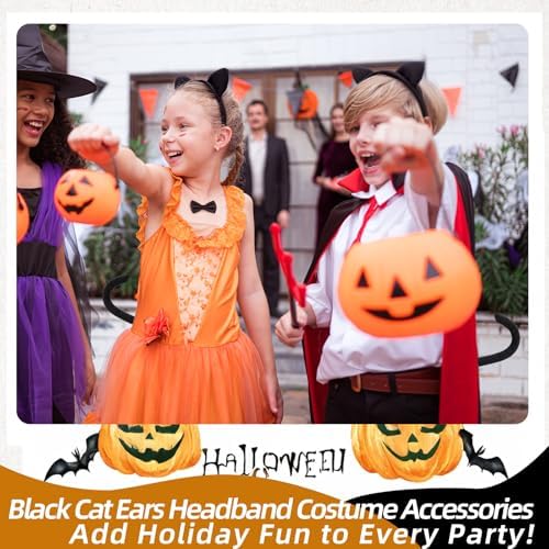 3 Pieces Black Cat Ears Headband Costume Accessories Set – Cat Ears Headwear, Tail, and Bow Tie for Halloween, Animal Cosplay, School Plays, and Dress-Up Parties for Kids and Adults