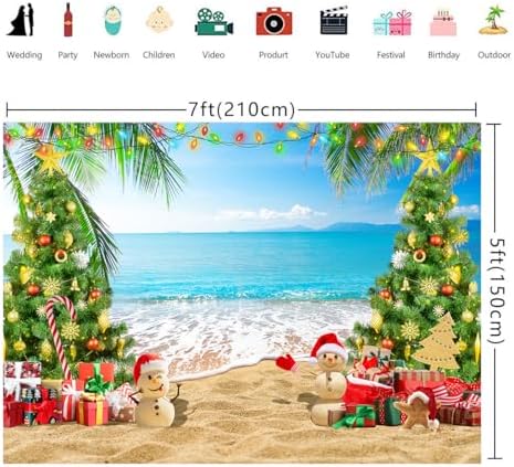 7x5ft July Christmas Backdrop Summer Beach Christmas Tree Photography Background Xmas Party Banner Tropical Hawaiian Holiday Decorations Supplies Photo Props