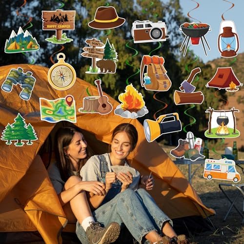 40Pcs Camping Hanging Swirl Decorations, Happy Camper Party Hanging Swirls Camping Adventure Bears Tent Telescope Sign Foil Swirls Ceiling Decorations for Camping Birthday Baby Shower Party Decor