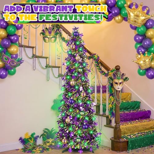Vicenpal 14 Pcs 5 ft Mardi Gras Decoration Carnival Pop up Tree Kit Collapsible Tinsel Tree with 13 Pcs Mardi Gras Ball Ornaments Green String Lights Hanging for Home Indoor Outdoor Party Supplies