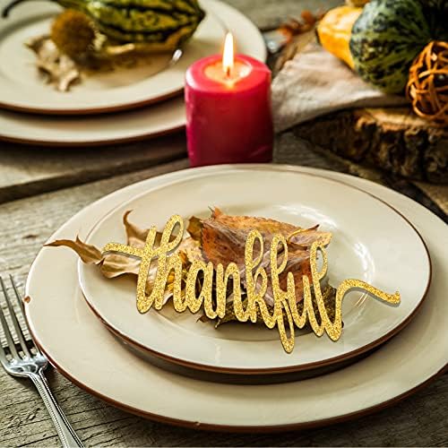 Zonon 30 Pcs Thanksgiving Thankful Table Decor, Gold Glitter Words Cutout