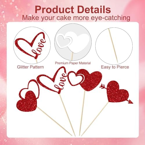 Valentines Cupcake Toppers, 24 PCS Glitter Red Heart Cupcake Picks, Valentines Cake Decorations Heart Love Food Picks Cupcakes Toppers for Valentine's Day Party Decorations Supplies